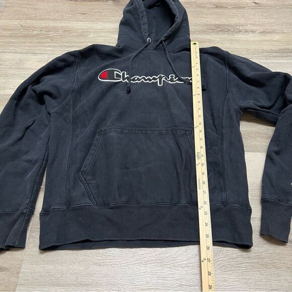Champion Hoodie Men Medium Black Reverse Weave Sweatshirt Hoodie Spell Out Retro - Picture 2 of 7